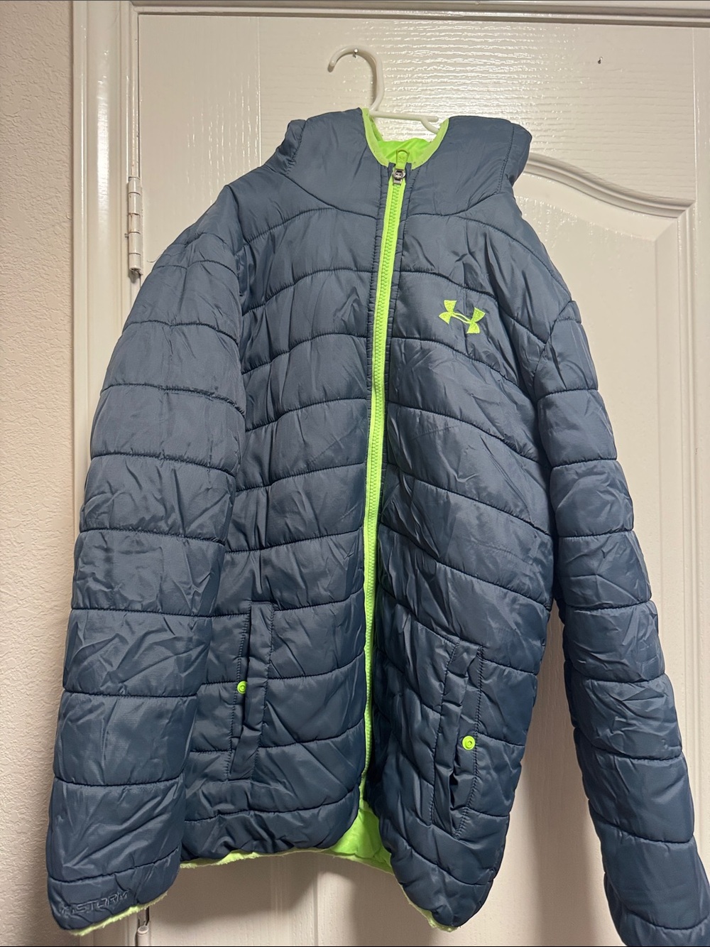 Under Armour Kids Navy Jacket with Lime Trim Hooded Puffer